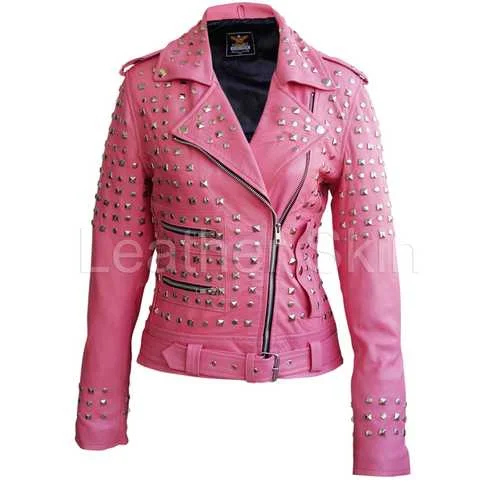 Women Pink Leather Jacket Striped Jacket Polka Dot Jacket Floral Jacket