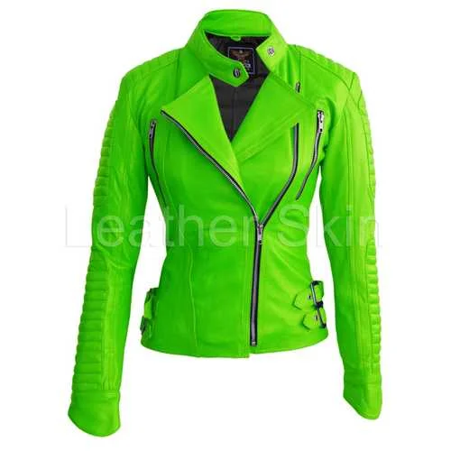 Women Green Leather Jacket Snapped Jacket Toggled Jacket Drawstring Jacket