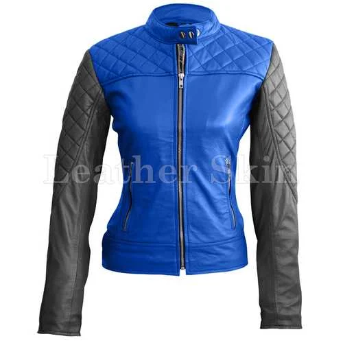 Women Blue Leather Jacket Bomber Jacket Anorak Windbreaker