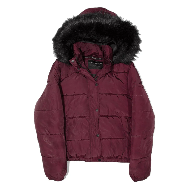 SUPPLY & DEMAND Puffer Parka Jacket Maroon Womens UK 12 Satin Jacket Silk Jacket Chiffon Jacket