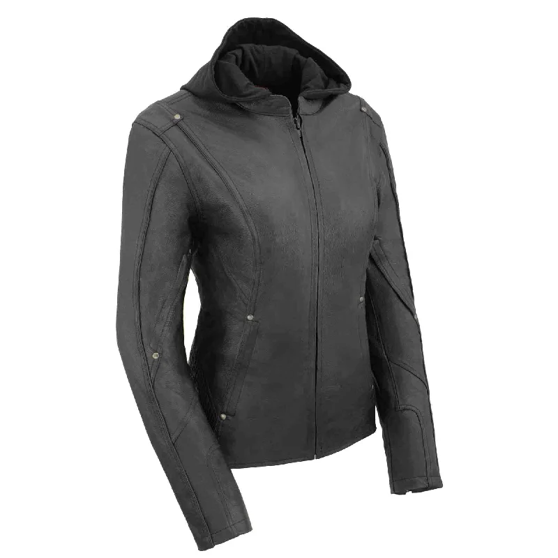 Women Black 3/4 Hooded Leather Jacket with Side Stetch Fit Welt Pockets Slit Pockets Flap Pockets