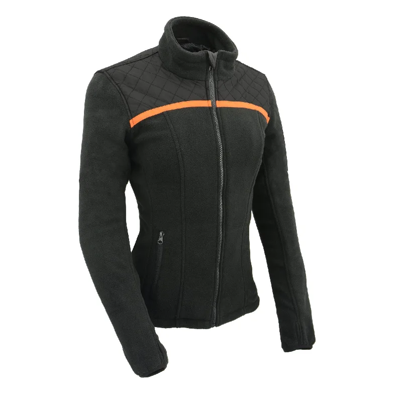 Women Micro Fleece Zipper Front Jacket w/ Orange Stripe Stand-Up Collar Roll-Neck Collar Turtle Neck