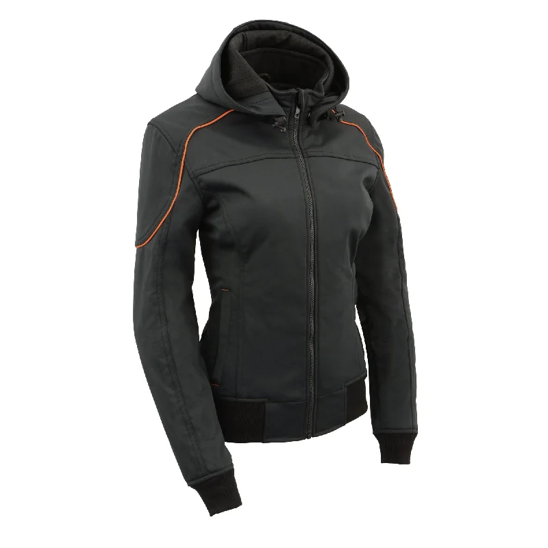 Women Soft Shell Armored Racing Style Jacket with Detachable Hood Tiered Jacket Buttoned Jacket Zippered Jacket