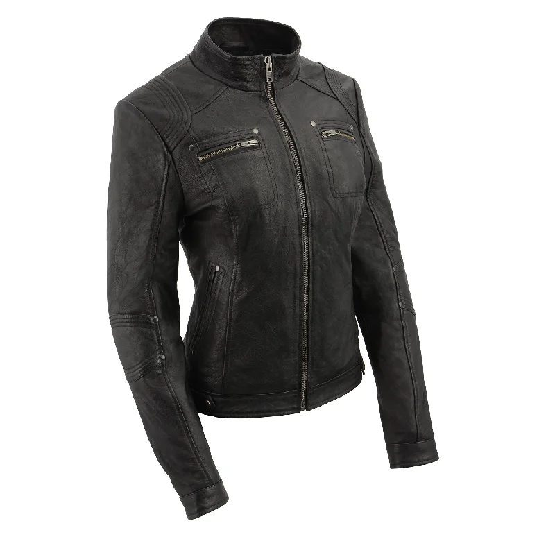 Women's stand up collar racer jacket with rivet details Welt Pockets Slit Pockets Flap Pockets