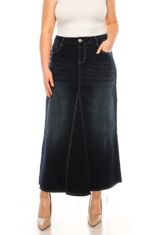 88017X Long Denim Skirt in Dark Indigo Plus pleated skirt texture