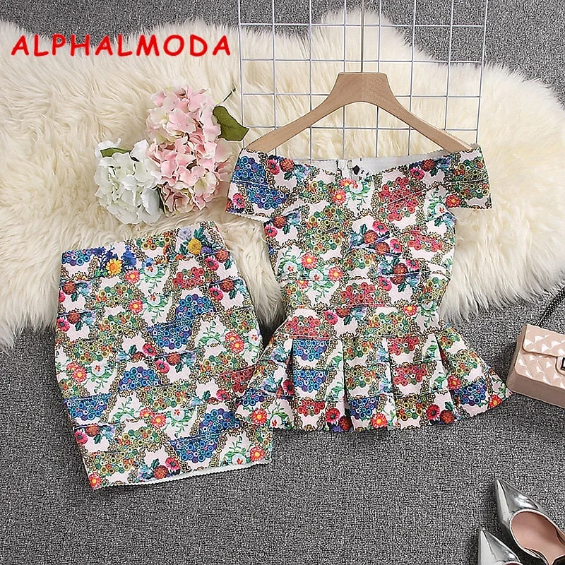 ALPHALMODA 2019 Summer Women Bandage Crop Top Skirt 2pcs Set Floral Printed Stretchy Peplum Fit Jacket Mini Skirt Sexy Suits silk skirt sleek