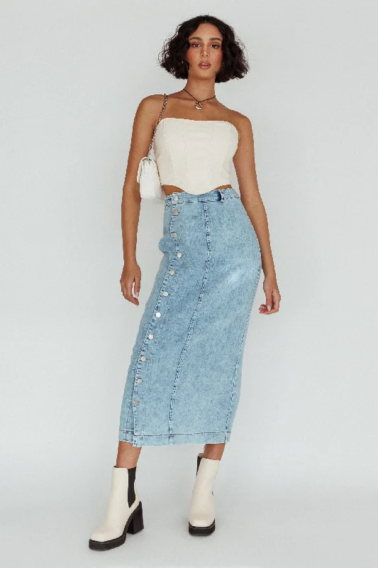 Angelica Side Button-Up Midi Skirt Denim boho skirt vibe