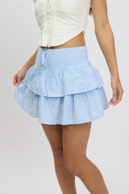 Blue Check Ruffle Mini Skirt High Rise Shirred Back Tiered lightweight skirt design