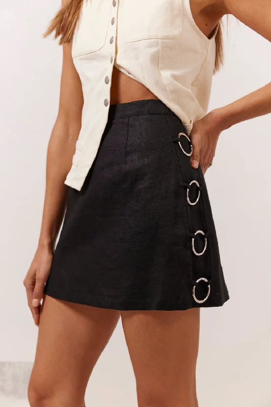 Discoteca Linen Mini Skirt Black button skirt front