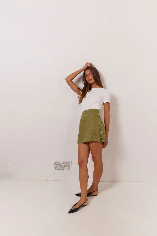 Discoteca Linen Mini Skirt Olive corduroy skirt textured