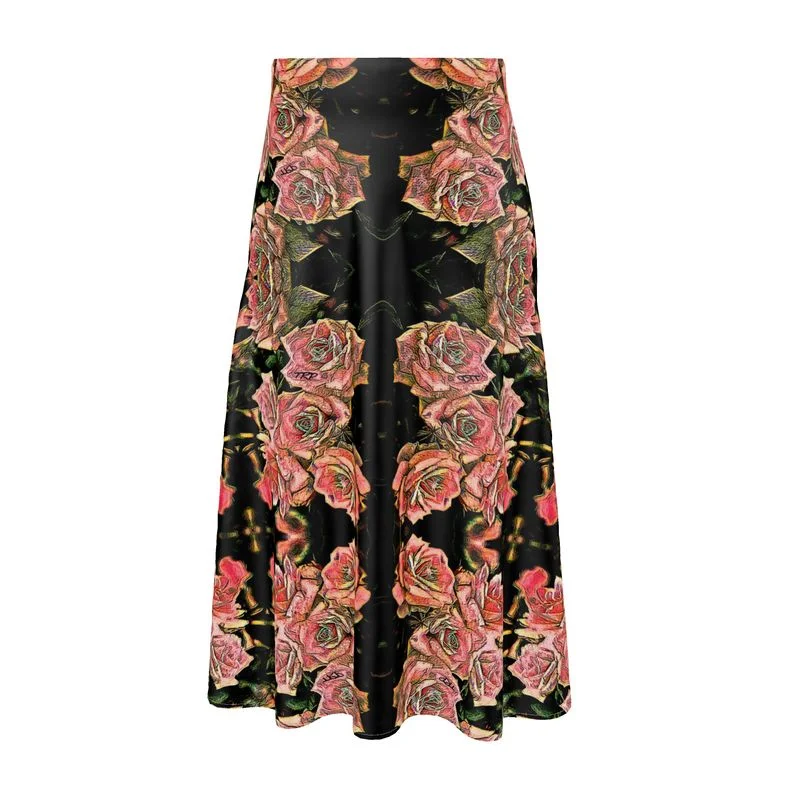 Floral Embosses: Roses 06-01 Designer A-line Pleated Midi Skirt silk skirt sleek