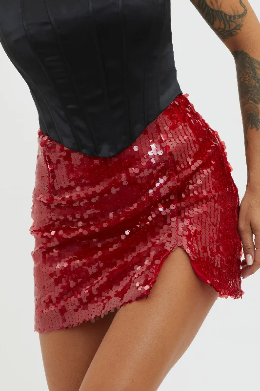 Intentions Sequin Mini Skirt Red lace skirt delicate