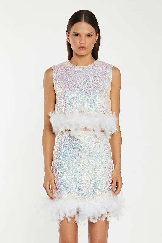 Iridescent-Sequin White Feather Trim Mini-Skirt belted skirt waist