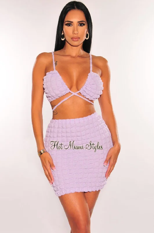 Lilac Bubble Textured Spaghetti Strap Tie Up Skirt Two Piece Set lace skirt delicate