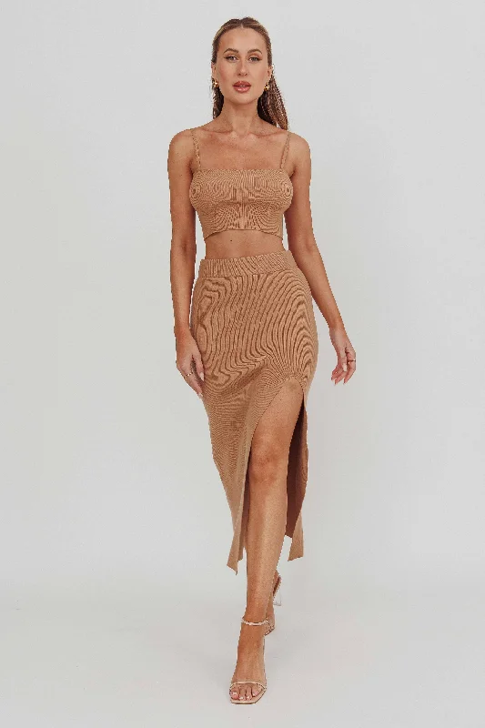 Loverboy Ribbed Midi Skirt Camel satin skirt smooth