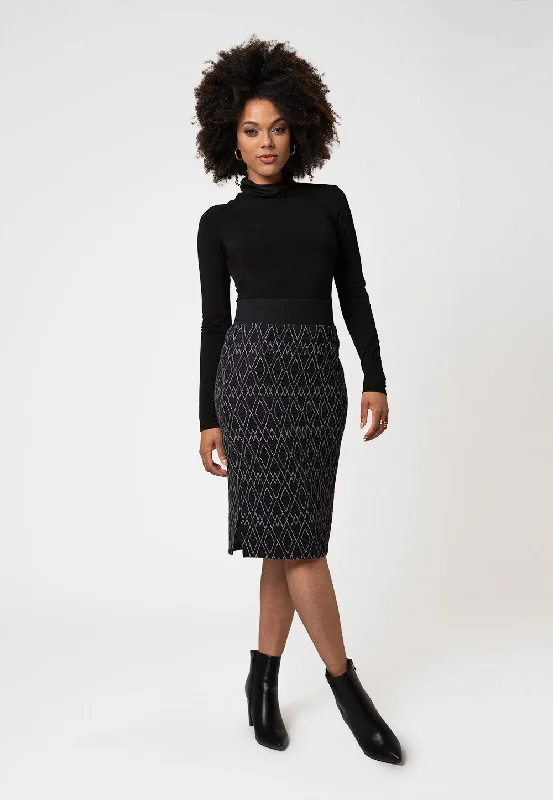 Leota Women's  Midi Pencil Skirt in Diamond Lines Luxe Jacquard Black vintage skirt charm