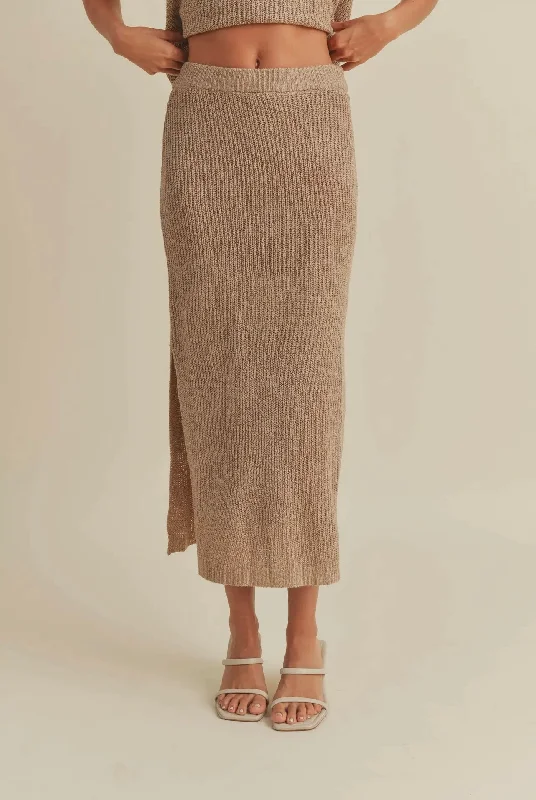 Miou Muse Taupe Knitted Midi Spring Skirt elastic waist skirt