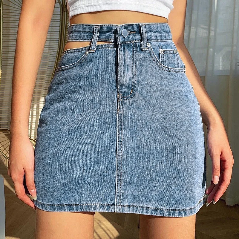 One-side Hollow High Waist Denim Hip Mini Skirt lace skirt romantic