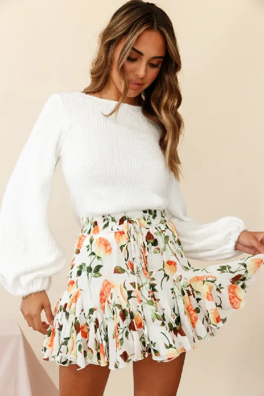 Robyn Flounce Mini Skirt Rose Print White/Orange leather skirt bold