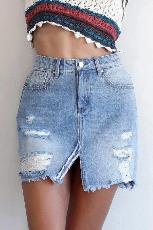 Split Middle Ripped Raw Hem Denim Skirt belted skirt waist