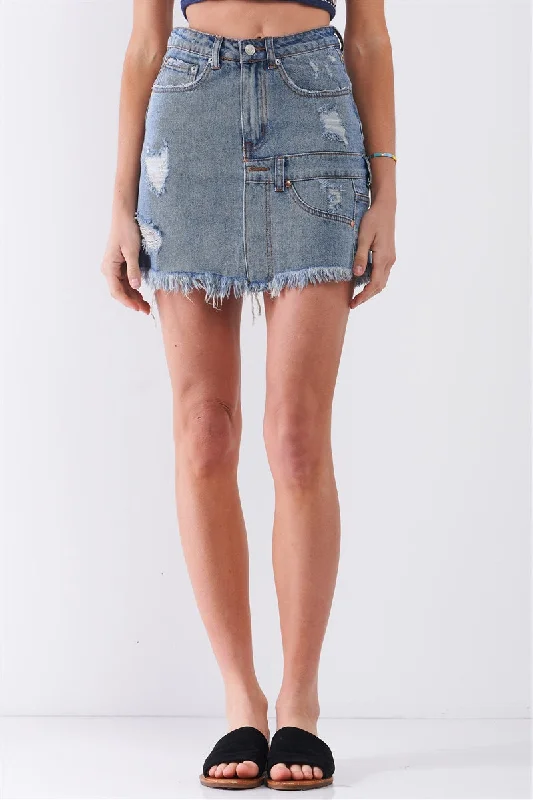 Medium Blue Denim High-waist Distressed Effect Asymmetrical Trim Raw Hem Detail Mini Skirt velvet skirt plush