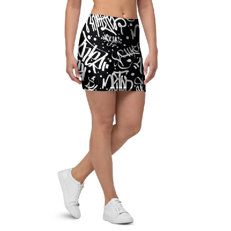 White And Black Graffiti Doodle Text Print Mini Skirt belted skirt waist