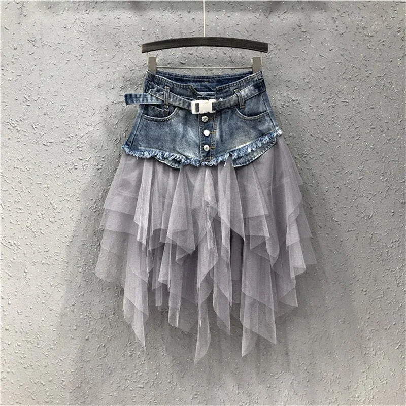 Womens Denim Skirts Plus Size Asymmetrical Mesh Patchwork Pocket High Waist Pleated Midi Skirt Streetwear Ladies Jeans Skirts silk skirt elegant